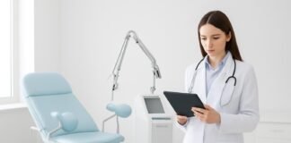 Σύγχρονο γυναικολογικό ιατρείο με ιατρικό εξοπλισμό και γιατρό που αξιολογεί δεδομένα σε tablet, συμβολίζοντας ασφάλεια και εξατομικευμένη φροντίδα για HPV