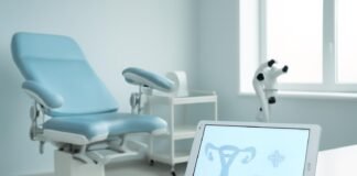 Σύγχρονο γυναικολογικό ιατρείο με ιατρικό εξοπλισμό και tablet με αφηρημένα διαγράμματα