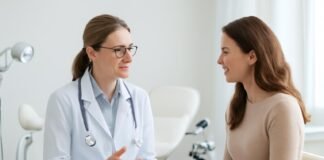 Φωτεινό σύγχρονο ιατρείο με γυναικολόγο σε συνεδρία με γυναίκα ασθενή, ιατρικός εξοπλισμός στο παρασκήνιο