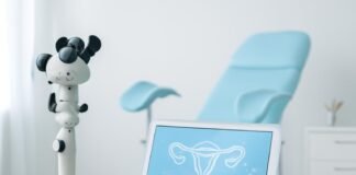 Σύγχρονο γυναικολογικό ιατρείο με ιατρικό εξοπλισμό και tablet με ιατρικό διάγραμμα, φωτεινή εικόνα, επαγγελματική ατμόσφαιρα