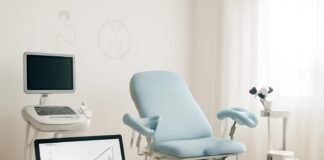 Φωτεινό σύγχρονο ιατρείο γυναικολογίας με ιατρικό εξοπλισμό και ψηφιακό tablet