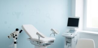 Φωτεινό σύγχρονο ιατρείο γυναικολογίας με ιατρικό εξοπλισμό και tablet για ραντεβού και διάγνωση, αφηρημένα διαγνωστικά σύμβολα σε απαλά χρώματα