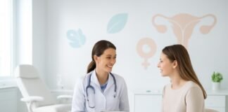 Φωτεινό σύγχρονο ιατρείο γυναικολογίας με ιατρικό εξοπλισμό και γιατρό με ασθενή σε σύμβουλευση