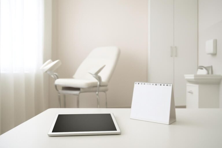 Φωτεινό μοντέρνο γυναικολογικό ιατρείο με tablet και ημερολόγιο για ραντεβού στην αντισύλληψη