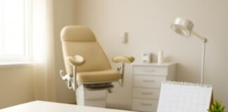 Φωτεινό σύγχρονο ιατρείο γυναικολογίας με tablet και ημερολόγιο στο γραφείο, φυσικό φως