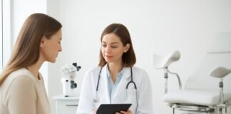 σύγχρονο ιατρείο γυναικολογίας με επαγγελματική συσκευή και ασθενή σε συμβουλευτική συνεδρίαση