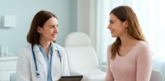 Φωτεινό σύγχρονο ιατρείο γυναικολόγου με ιατρικό εξοπλισμό και φωτεινή ατμόσφαιρα