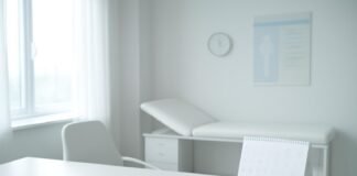 Φωτεινό σύγχρονο ιατρείο γυναικολογικής συμβουλευτικής με ιατρικό εξοπλισμό και ημερολόγιο σε γραφείο