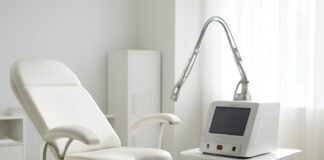 Σύγχρονο γυναικολογικό ιατρείο με ιατρικό εξοπλισμό laser σε επαγγελματικό περιβάλλον χωρίς ασθενείς, φωτεινό και καθαρό