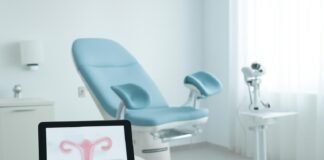 Εσωτερικός χώρος σύγχρονου γυναικολογικού ιατρείου με ιατρικό εξοπλισμό και tablet με αφηρημένο ιατρικό διάγραμμα, φωτεινή ατμόσφαιρα