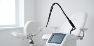 Σύγχρονος ιατρικός εξοπλισμός laser σε γυναικολογικό ιατρείο χωρίς ασθενείς, φωτεινό και επαγγελματικό περιβάλλον