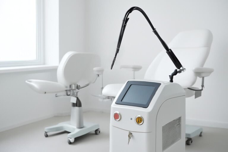Σύγχρονος ιατρικός εξοπλισμός laser σε γυναικολογικό ιατρείο χωρίς ασθενείς, φωτεινό και επαγγελματικό περιβάλλον