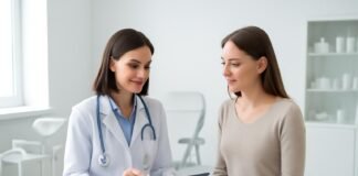 Φωτεινό σύγχρονο ιατρείο γυναικολογίας με εξοπλισμό και γυναικεία ασθενή σε συμβουλευτική