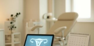 Σύγχρονο γυναικολογικό ιατρείο με ιατρικό εξοπλισμό και ημερολόγιο ραντεβού, φωτεινή ατμόσφαιρα