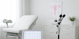 Σύγχρονο γυναικολογικό ιατρείο με ιατρικό εξοπλισμό και ημερολόγιο σε tablet
