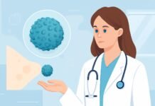 Ασφαλείς Πρακτικές και Προστασία από τα HPV Κονδυλώματα: Οδηγός για Ασθενείς Ιατρικό εξώφυλλο με αφηρημένα στοιχεία HPV ιού, δερματολογική και γυναικολογική αισθητική σε φωτεινό ιατρικό περιβάλλον