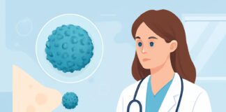 Ιατρικό εξώφυλλο με αφηρημένα στοιχεία HPV ιού, δερματολογική και γυναικολογική αισθητική σε φωτεινό ιατρικό περιβάλλον