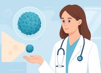 Ασφαλείς Πρακτικές και Προστασία από τα HPV Κονδυλώματα: Οδηγός για Ασθενείς Ιατρικό εξώφυλλο με αφηρημένα στοιχεία HPV ιού, δερματολογική και γυναικολογική αισθητική σε φωτεινό ιατρικό περιβάλλον