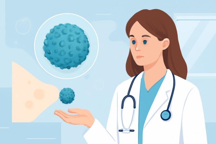 Ιατρικό εξώφυλλο με αφηρημένα στοιχεία HPV ιού, δερματολογική και γυναικολογική αισθητική σε φωτεινό ιατρικό περιβάλλον
