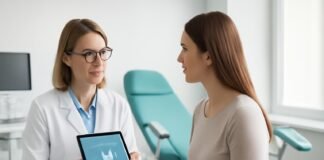 Σύγχρονο γυναικολογικό ιατρείο με γιατρό και ασθενή συζητούν σε φωτεινό περιβάλλον