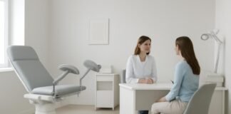 Σύγχρονο γυναικολογικό ιατρείο με ιατρικό εξοπλισμό και επαγγελματική ατμόσφαιρα με φως ημέρας, για άρθρο βιοψίας HPV σε γυναίκα στη Γλυφάδα