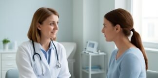 Φωτεινό σύγχρονο ιατρείο με γιατρό και γυναίκα ασθενή σε γυναικολογική συμβουλευτική συνεδρίαση, ιατρικός εξοπλισμός στο φόντο και απαλό φυσικό φωτισμό. Δρ. Ιωάννης Δημητρακόπουλος • Μαιευτήρας - Χειρουργός Γυναικολόγος