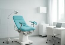 Σύγχρονο γυναικολογικό ιατρείο με φωτεινό χώρο και ιατρικό εξοπλισμό