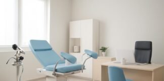Φωτεινό σύγχρονο ιατρείο γυναικολογίας με ιατρικό εξοπλισμό σε άνετο και επαγγελματικό περιβάλλον