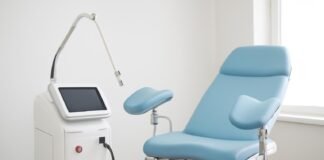 Εξοπλισμός laser σε γυναικολογικό ιατρείο με μοντέρνο και φωτεινό περιβάλλον για ασφαλή θεραπεία κονδυλωμάτων HPV σε γυναίκες με σύνθετες ανοσολογικές καταστάσεις