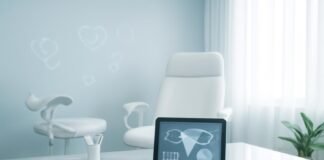 Σύγχρονο γυναικολογικό ιατρείο με tablet και ιατρικά διαγνωστικά σύμβολα, φωτεινή ατμόσφαιρα, για το θέμα ενδομητρίωσης ουροδόχου κύστης, Δρ. Ιωάννης Δημητρακόπουλος • Μαιευτήρας - Χειρουργός Γυναικολόγος