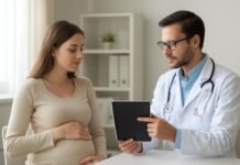 Διαχείριση της Υπερέμεσης Κύησης: Όταν η Ναυτία υπερβαίνει τα Όρια Σύγχρονο ιατρείο με γιατρό συμβουλεύει γυναίκα σε εγκυμοσύνη σε φωτεινό χώρο γραφείου με ψηφιακό τάμπλετ, επαγγελματική ατμόσφαιρα χωρίς ανατομικά στοιχεία