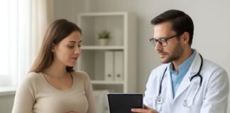 Σύγχρονο ιατρείο με γιατρό συμβουλεύει γυναίκα σε εγκυμοσύνη σε φωτεινό χώρο γραφείου με ψηφιακό τάμπλετ, επαγγελματική ατμόσφαιρα χωρίς ανατομικά στοιχεία