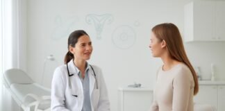 Φωτεινό σύγχρονο γυναικολογικό ιατρείο με ιατρικό εξοπλισμό και συμβουλευτική συνεδρία