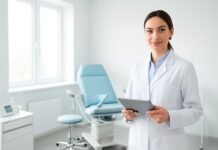 Διαχείριση του Βραχέος Τράχηλου στην Εγκυμοσύνη: Αξιολόγηση και Θεραπευτικές Επιλογές Φωτεινό σύγχρονο ιατρείο γυναικολογίας με ιατρικό εξοπλισμό και γιατρό σε συμβουλευτική συνεδρίαση με tablet