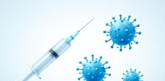 Ιατρική εικόνα με σύριγγα εμβολίου και ψηφιακές απεικονίσεις ιού HPV