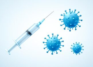 Ιατρική εικόνα με σύριγγα εμβολίου και ψηφιακές απεικονίσεις ιού HPV