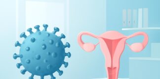 Αφηρημένη ιατρική απεικόνιση του ιού HPV με δερματολογικά και γυναικολογικά στοιχεία σε φωτεινό ιατρικό περιβάλλον