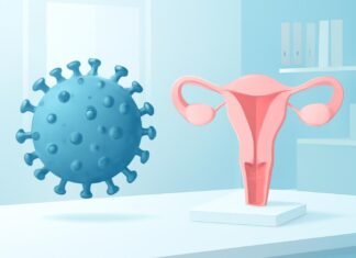 Εμβόλιο HPV: Όλα όσα πρέπει να γνωρίζετε για την πρόληψη των κονδυλωμάτων Αφηρημένη ιατρική απεικόνιση του ιού HPV με δερματολογικά και γυναικολογικά στοιχεία σε φωτεινό ιατρικό περιβάλλον