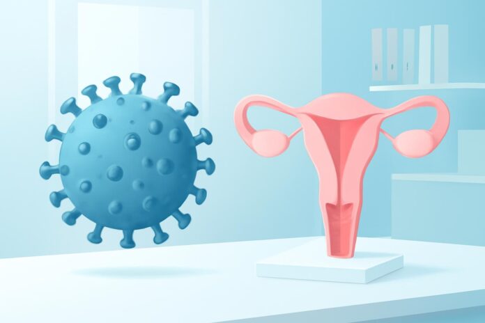Αφηρημένη ιατρική απεικόνιση του ιού HPV με δερματολογικά και γυναικολογικά στοιχεία σε φωτεινό ιατρικό περιβάλλον