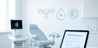 Φωτεινό σύγχρονο ιατρείο γυναικολόγου με ιατρικό εξοπλισμό και ημερολόγιο ραντεβού σε tablet, αφηρημένα διαγνωστικά σύμβολα, επαγγελματική ατμόσφαιρα, χωρίς ανατομικά στοιχεία, προσανατολισμένο σε γυναικολογική αξιολόγηση και θεραπεία αμηνόρροιας