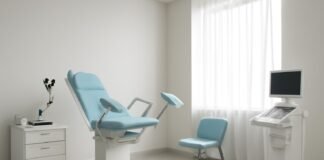 Φωτεινό σύγχρονο ιατρείο γυναικολογίας με ιατρικό εξοπλισμό και άνετες καρέκλες