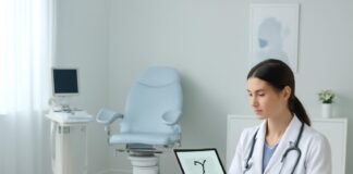Μοντέρνο γυναικολογικό ιατρείο με ιατρικό εξοπλισμό και ψηφιακό διάγραμμα σε tablet