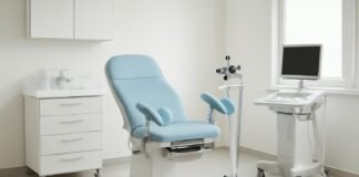 Σύγχρονο γυναικολογικό ιατρείο με επαγγελματικό εξοπλισμό, φωτεινό περιβάλλον, εικόνα υψηλής ποιότητας για γυναικολογική αξιολόγηση και σεξουαλική υγεία, χωρίς ανθρώπους, 16:9