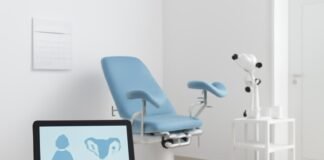 Modern gynecological clinic room with medical equipment and healthcare tablet for personalized female care