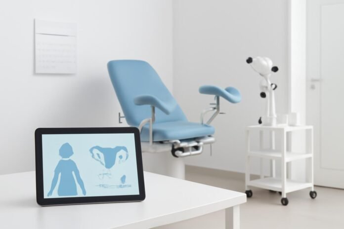 Modern gynecological clinic room with medical equipment and healthcare tablet for personalized female care