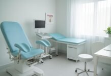 Φωτεινό ιατρείο γυναικολογίας με ιατρικό εξοπλισμό και σύγχρονη καθιστική περιοχή για συμβουλευτική στη Γλυφάδα