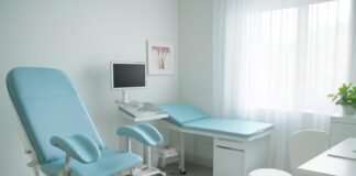 Φωτεινό ιατρείο γυναικολογίας με ιατρικό εξοπλισμό και σύγχρονη καθιστική περιοχή για συμβουλευτική στη Γλυφάδα