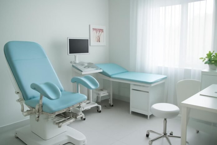 Φωτεινό ιατρείο γυναικολογίας με ιατρικό εξοπλισμό και σύγχρονη καθιστική περιοχή για συμβουλευτική στη Γλυφάδα