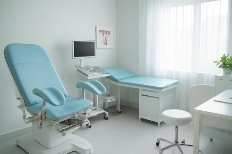 Φωτεινό ιατρείο γυναικολογίας με ιατρικό εξοπλισμό και σύγχρονη καθιστική περιοχή για συμβουλευτική στη Γλυφάδα