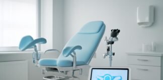 Σύγχρονο ιατρείο γυναικολογίας με ιατρικό εξοπλισμό και tablet με αφηρημένο ιατρικό διάγραμμα σε φυσικό φωτισμό